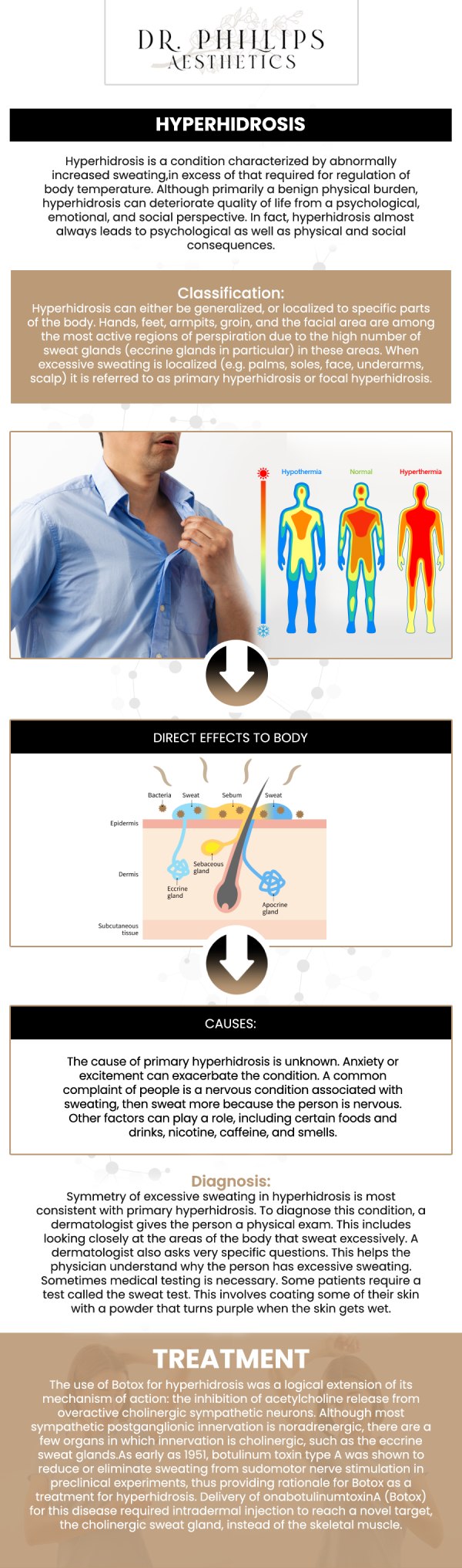 Botox is an effective therapy for hyperhidrosis that lowers excessive sweating. It is frequently used on the hands, feet, and underarms, offering relief for several months with little recovery time. At Dr. Phillips Aesthetics, Dr. Phillips Nagsuk, MD, provides Botox, a remedy for excessive sweating that keeps you comfortable and dry. We are conveniently located at 242 N Edinburgh Drive, Winter Park, FL, 32792. Contact us for more information or schedule your online appointment.