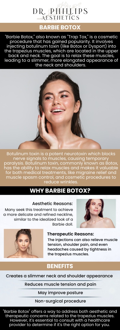 Common questions asked by clients: What is Barbie Botox, and why is it also called Trap Tox? How does Trap Tox help create a longer, more refined neck appearance? Can Barbie Botox reduce the look of bulky trapezius muscles? Will Trap Tox affect shoulder strength, posture, or everyday movement? For more information, contact us or schedule an appointment online. We are conveniently located at 242 N Edinburgh Drive Winter Park, FL, 32792. We serve clients from Winter Park FL, Maitland FL, Casselberry FL, Winter Springs FL, Orlando FL, and Altamonte Springs FL. Common questions asked by clients: What is Barbie Botox, and why is it also called Trap Tox? How does Trap Tox help create a longer, more refined neck appearance? Can Barbie Botox reduce the look of bulky trapezius muscles? Will Trap Tox affect shoulder strength, posture, or everyday movement? For more information, contact us or schedule an appointment online. We are conveniently located at 242 N Edinburgh Drive Winter Park, FL, 32792. We serve clients from Winter Park FL, Maitland FL, Casselberry FL, Winter Springs FL, Orlando FL, and Altamonte Springs FL.