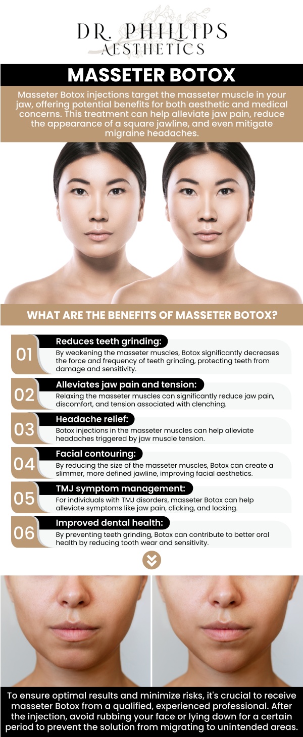 Common questions asked by clients: How does Masseter Botox create a slimmer, more contoured jawline? Can Masseter Botox soften the appearance of a wide or square lower face? Will Masseter Botox affect chewing strength or everyday jaw function? How gradually does the jawline change after Masseter Botox treatment? For more information, contact us or schedule an appointment online. We are conveniently located at 242 N Edinburgh Drive Winter Park, FL, 32792. We serve clients from Winter Park FL, Maitland FL, Casselberry FL, Winter Springs FL, Orlando FL, and Altamonte Springs FL.