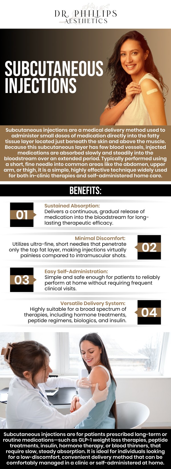 Common questions asked by clients: What are subcutaneous injections? Why are subcutaneous injections used? How is a subcutaneous injection given? What areas of the body are commonly used for subcutaneous injections? For more information, contact us or schedule an appointment online. We are conveniently located at 242 N Edinburgh Drive Winter Park, FL, 32792. We serve clients from Winter Park FL, Maitland FL, Casselberry FL, Winter Springs FL, Orlando FL, and Altamonte Springs FL.