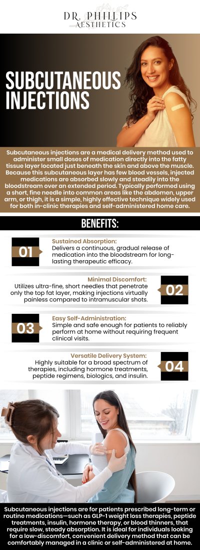 Common questions asked by clients: What are subcutaneous injections? Why are subcutaneous injections used? How is a subcutaneous injection given? What areas of the body are commonly used for subcutaneous injections? For more information, contact us or schedule an appointment online. We are conveniently located at 242 N Edinburgh Drive Winter Park, FL, 32792. We serve clients from Winter Park FL, Maitland FL, Casselberry FL, Winter Springs FL, Orlando FL, and Altamonte Springs FL.